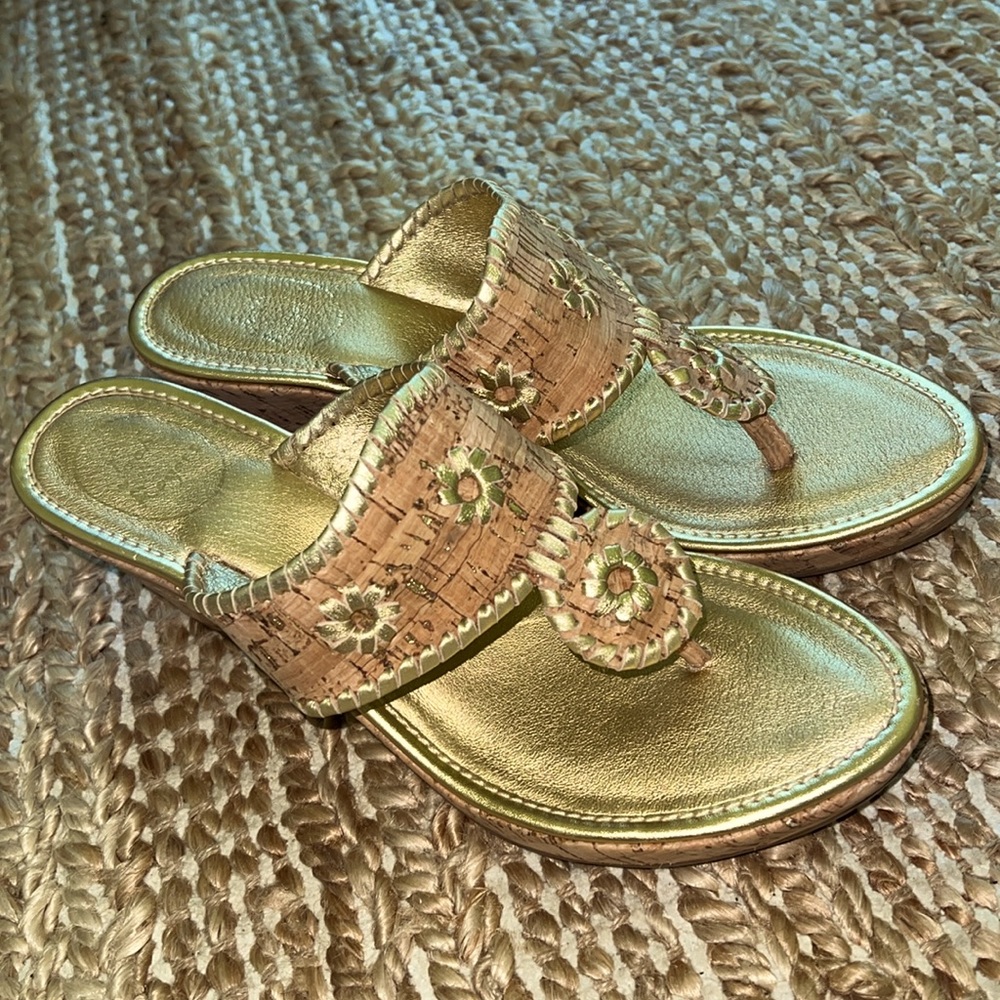JACK ROGERS Marbella Gold Leather Cork Wedge Sandals